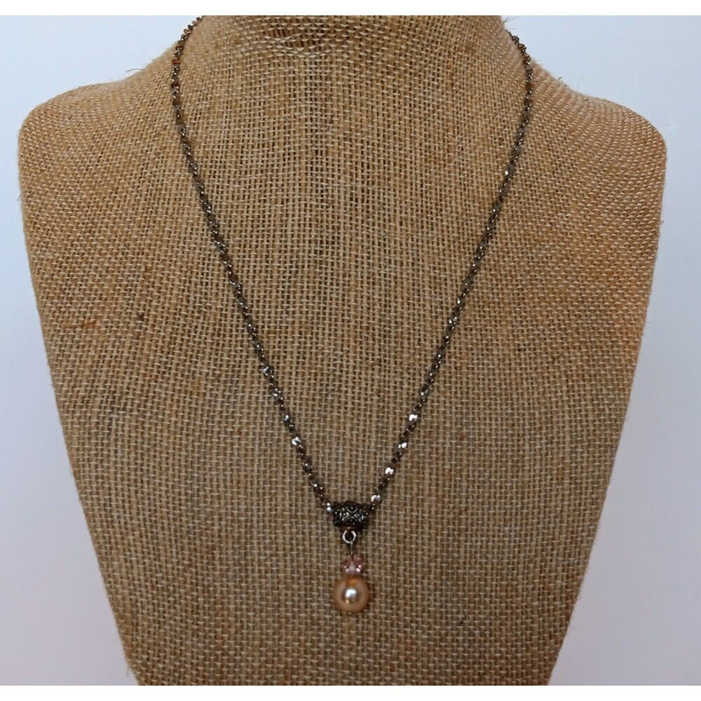 Vintage Inspired 90's Silver Tone Faux Pearl Crystal Dangle Necklace 16-18 in